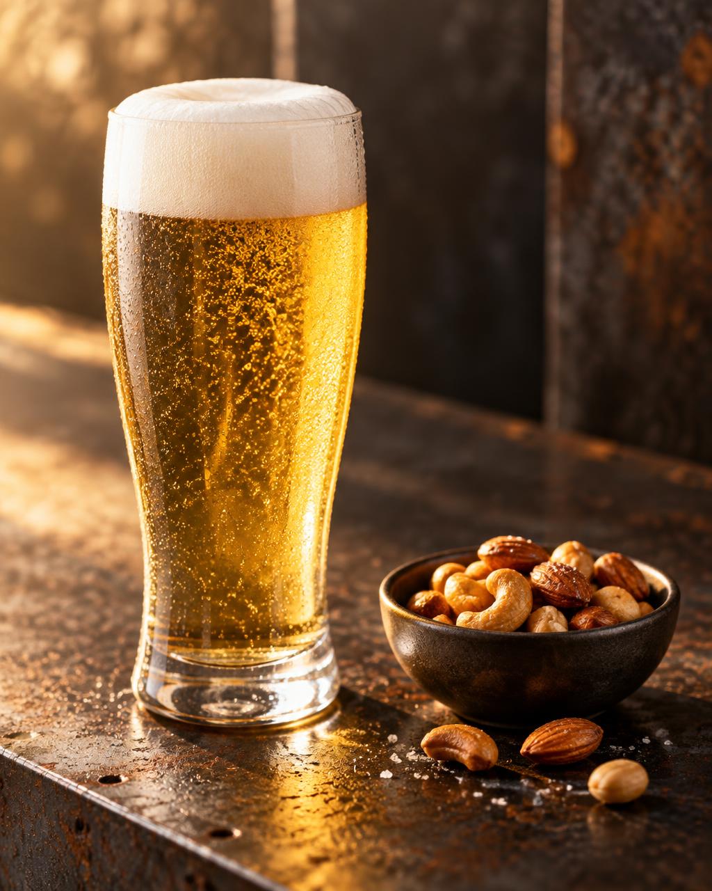 Goldenes Bier und Nüsse auf einem industriellen Metalltisch