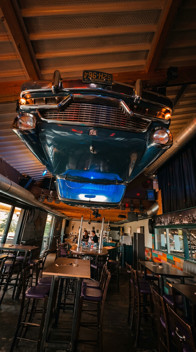 Der Oldtimer an der Decke der WERK 2 Bar